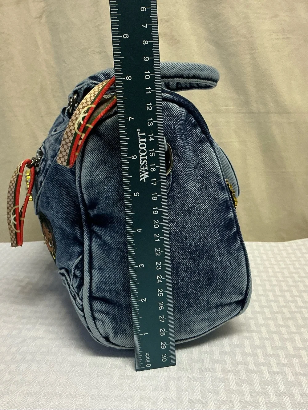 Denim Tote Bag with Embroidered Patches - Blue